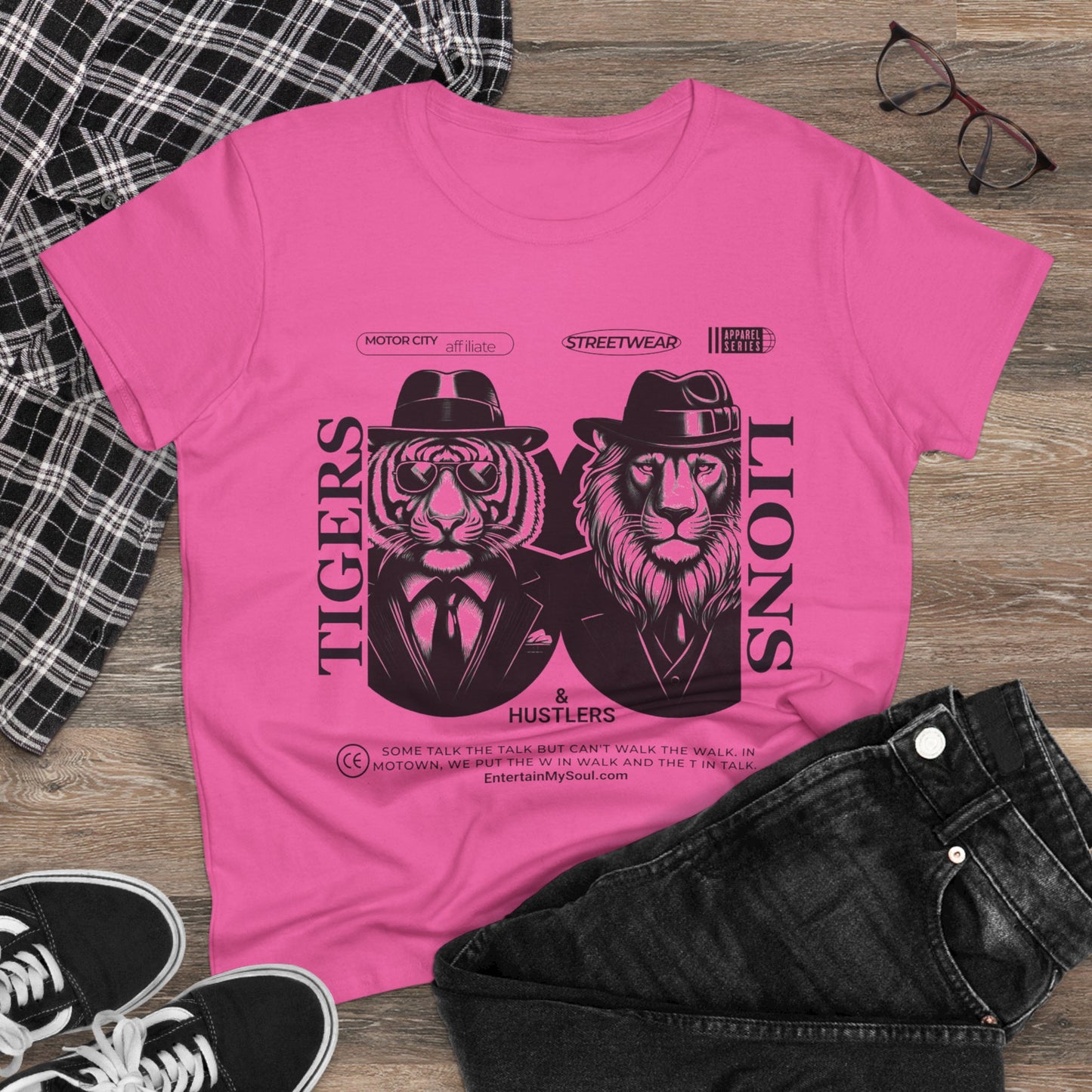 "Tigers Lions and Hustlers" Graphic Cotton Tee for Empowered Women - Casual Streetwear