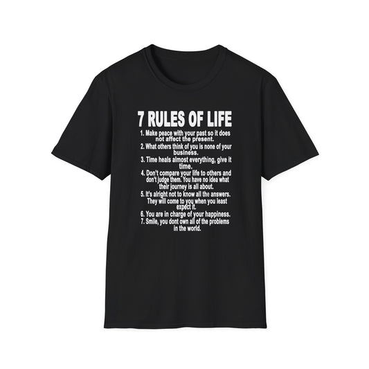 7 Rules of Life White Print Unisex Softstyle T-Shirt - Inspirational Quote Tee