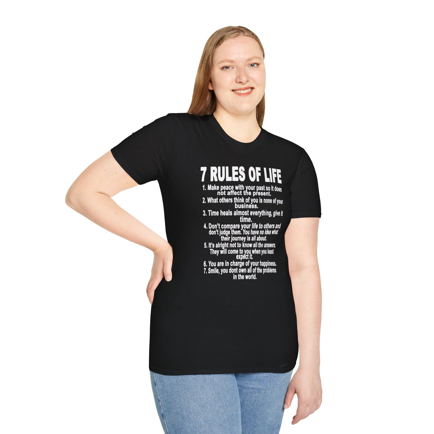 7 Rules of Life White Print Unisex Softstyle T-Shirt - Inspirational Quote Tee