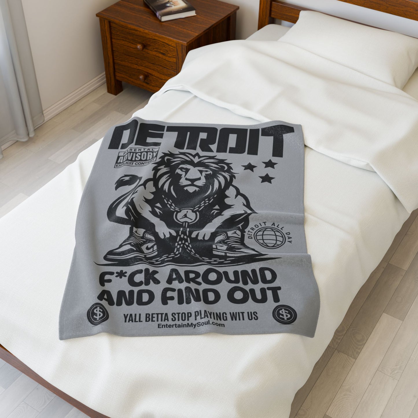 F*ck Around and Find Out Detroit Inspired Velveteen Plush Blanket | Cozy Throw for Home Decor, Gift for Music Lovers, Lions Fans, & Chill Days
