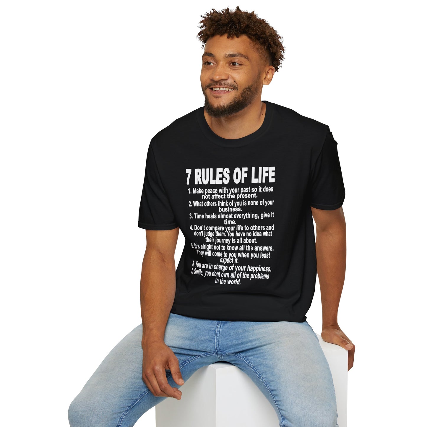 7 Rules of Life White Print Unisex Softstyle T-Shirt - Inspirational Quote Tee