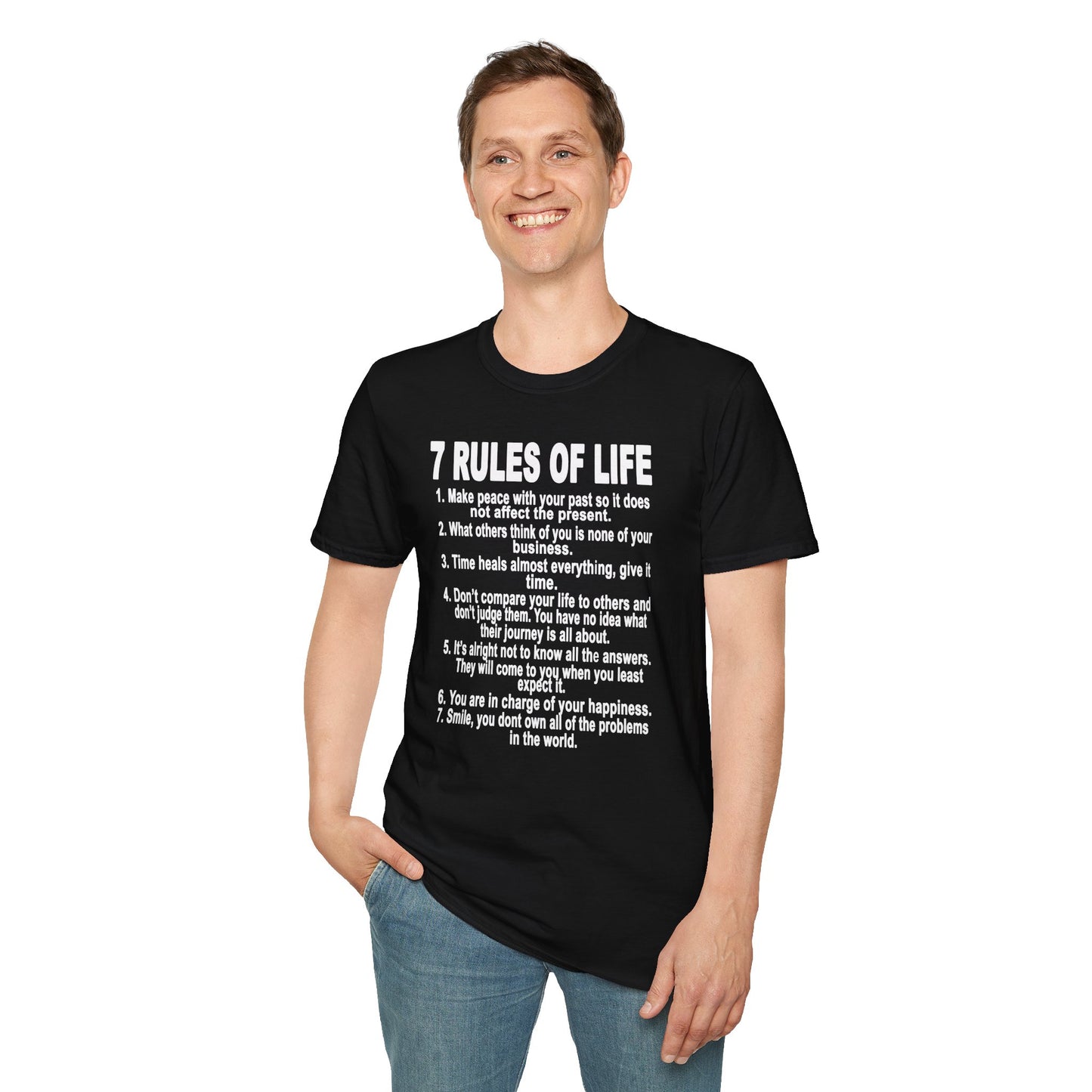 7 Rules of Life White Print Unisex Softstyle T-Shirt - Inspirational Quote Tee