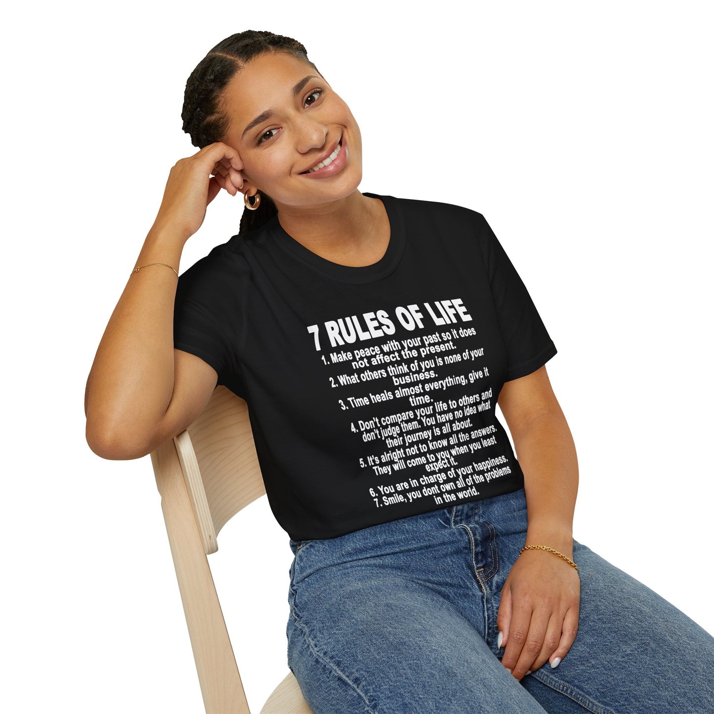 7 Rules of Life White Print Unisex Softstyle T-Shirt - Inspirational Quote Tee