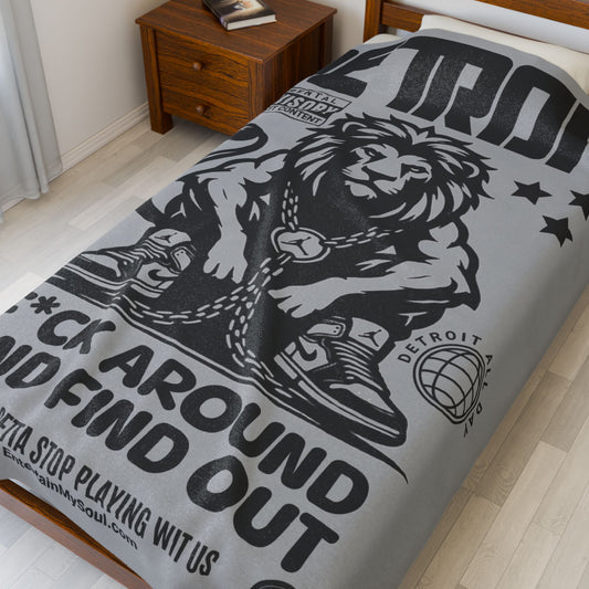 F*ck Around and Find Out Detroit Inspired Velveteen Plush Blanket | Cozy Throw for Home Decor, Gift for Music Lovers, Lions Fans, & Chill Days