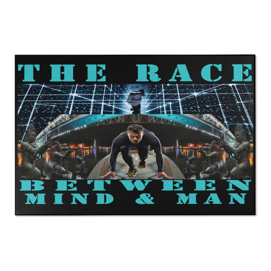 The Race Between Mind and Man Area Rugs